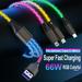 3 in 1 RGB 66W 6A Fast Charging Cable Colorful Streamer Glowing Phone Charger Cord for IOS Type C and Micro USB