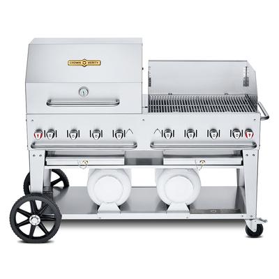 Crown Verity CV-CCB-60RWP 58" Mobile Gas Commercial Outdoor Grill w/ Roll Domes & Wind Guards, Liquid Propane, 69" Wide, LP, Stainless Steel, Gas Type: LP