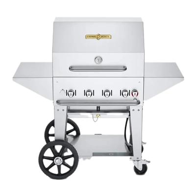 Crown Verity CV-MCB-30PRO-NG 30" Mobile Commercial Outdoor Charbroiler w/ 4 Burners - Natural Gas, 3 End Shelves, Stainless Steel, Gas Type: NG