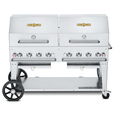 Crown Verity CV-MCB-60-SI50/100-RDP 58" Mobile Gas Commercial Outdoor Charbroiler w/ Roll Domes, Liquid Propane, LP, Stainless Steel, Gas Type: LP