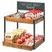 Cal-Mil 3607-13 2 Tier Display Stand w/ Wood Trays & Chalkboard Sign- 15"W x 14"D x 19"H, Metal, Black