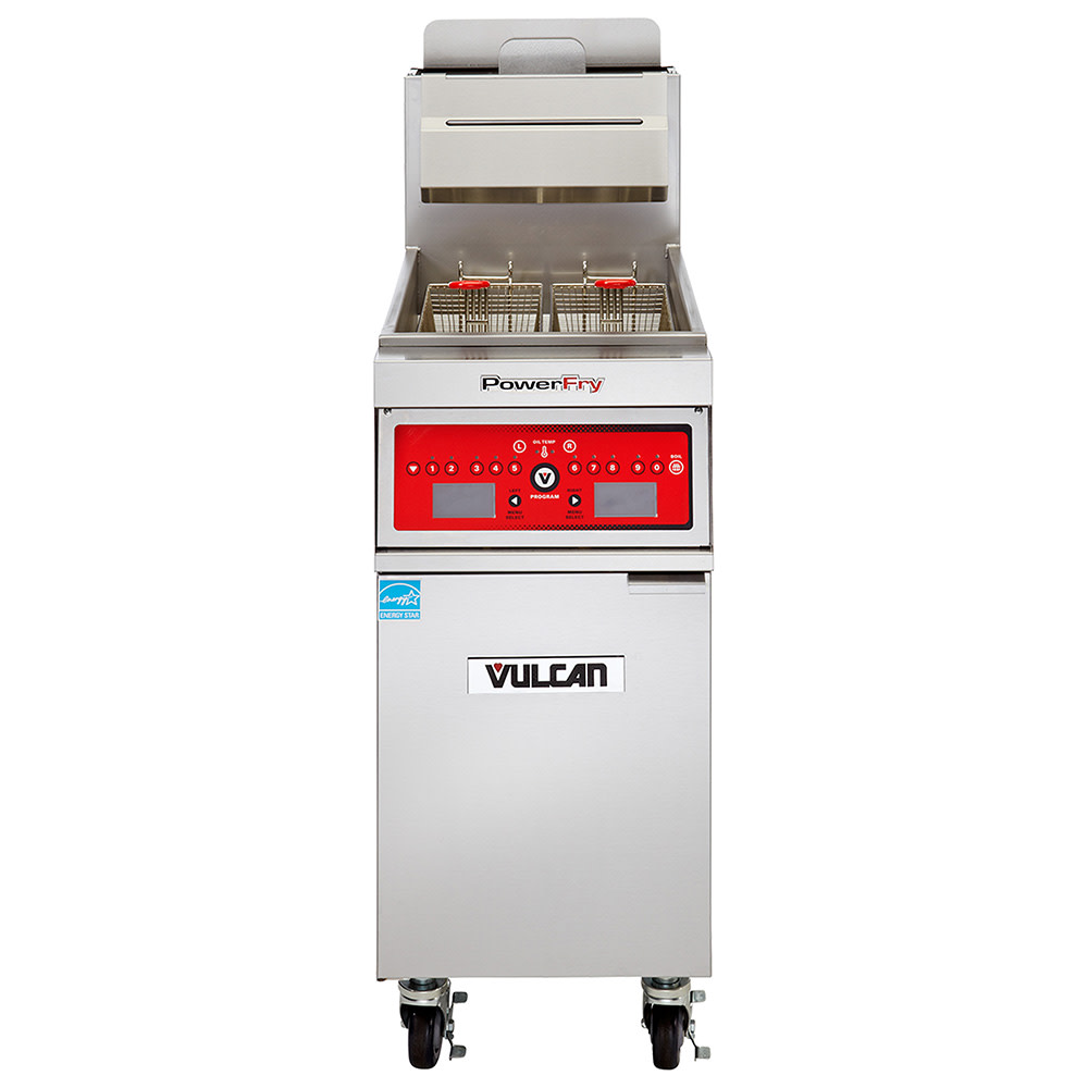Vulcan 1VK45A LP Commercial Gas Fryer - 50 lb Vat, Floor Model, Liquid Propane, Solid State Analog Controls, 70,000 BTU, Stainless Steel, Gas Type: LP
