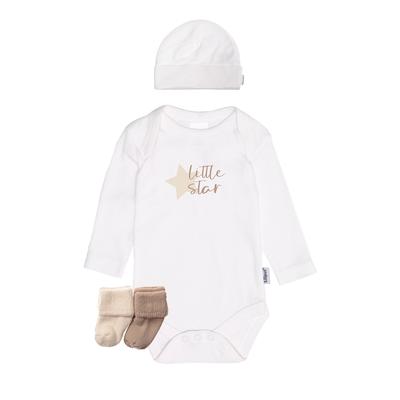 Erstausstattungspaket LILIPUT "Little Star", Baby, Gr. 50/56, weiß (weiß, beige), 100% Baumwolle, casual, KOB Set-Artikel, bestehend aus Body, Mütze und zwei Paar Söckchen Image