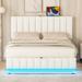 Colorful LED Lights Strip Platform Bed Frame with PU Leather Headboard Bed, Hydraulic Storage Bed with Sockets and USB Ports