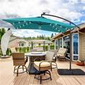 SANLUCE 8.2 ft. x 8.2 ft. Solar LED Lighted Square Patio Cantilever Umbrella With a Base in Lake Blue
