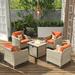 HOOOWOOO 5 Pieces Outdoor Patio Furniture Sets with 30 Fire Pit Table Wicker Conversation Set for Porch Deck Beige Rattan Sofa Chair Orange Cushion