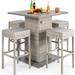 5-Piece Outdoor Wicker Bar Table Set for Patio Poolside Backyard w/Built-in Bottle Opener Hidden Storage Shelf Metal Tabletop 4 Stools - Gray