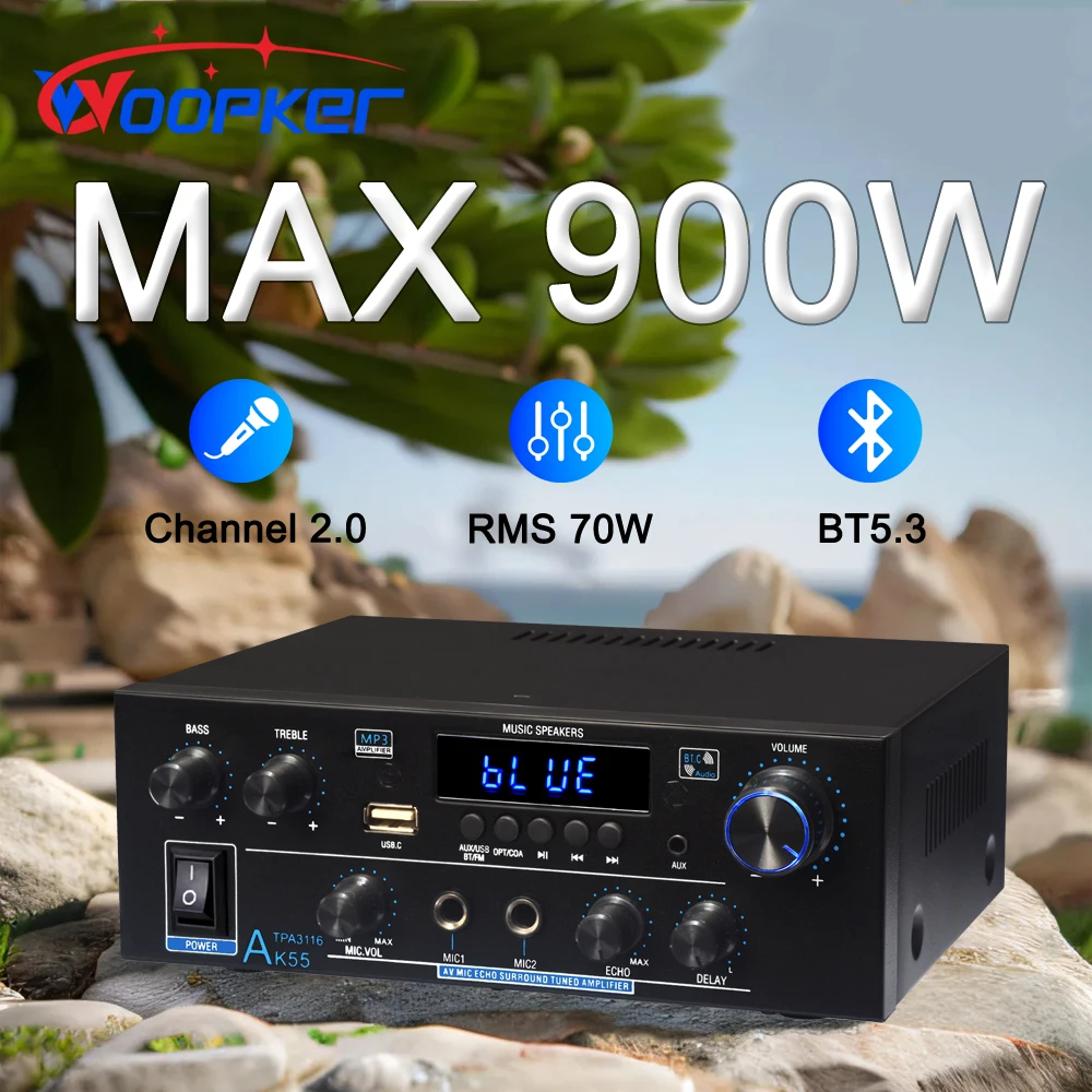 Woopker AK55 HiFi-Audioverstärker, max. 900 W, digital, Bluetooth 5.3 AMP, RMS, 70 W + 70 W, Kanal 2.0, unterstützt Dual-MIC-Eingänge, FM-Radio Image