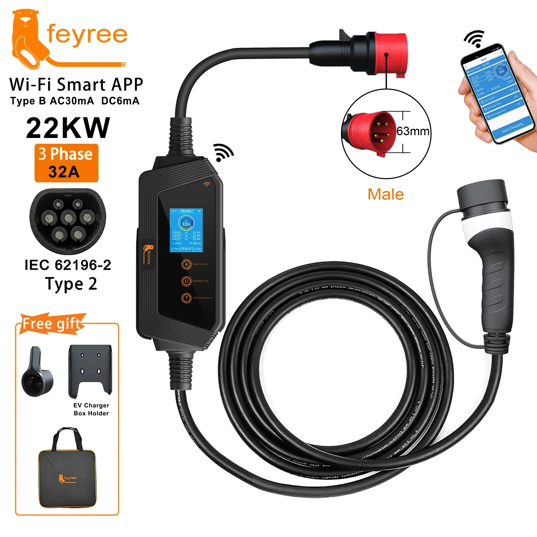 Feyree 22KW 32A 3Phase Typ2 Tragbares EV-Ladegerät Wi-Fi APP-Steuerung EVSE Ladebox Ladestation für Elektroauto-Ladegerät Image