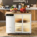 Rolling Mobile Kitchen Island with Drop Leaf & LED Light, Kitchen Cart w/ 2 Fluted Glass Doors & 2 Drawers, Kitchen Island Cart