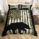 Homewish Black Bear Bed Set Green Camouflage Duvet Cover, Bedding Set King Army Military Camo Comforter Cover, Woodland Animal Bed Cover Farmhouse Lodge Cabin Decor (Zipper Closure)