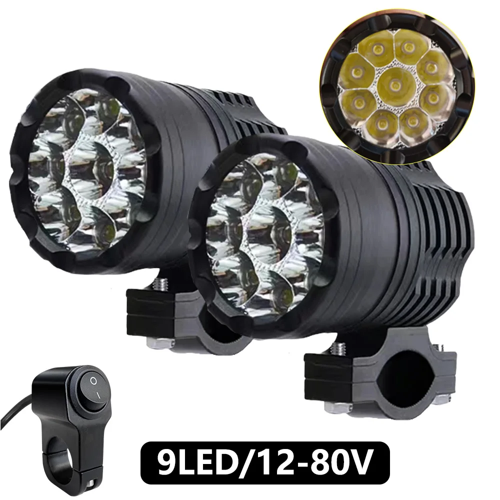 9 fari ausiliari a LED per luci moto 12-80V alto/basso/strobo lungo raggio aggiuntivo fendinebbia moto riflettore motocross