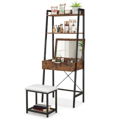 Costway Ladder Vanity Desk Set with Flip Top Mirror and Cushioned Stool-Black