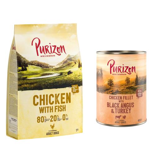 Lot mixte : croquettes Purizon 400g / 1kg + boîte - 1 kg Adult poulet, poisson + boîte Black Angus