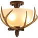 Antler Glass Chandelier Semi Flush Mount Fixture Ceiling Lighting 3 Lights 60W Rustic Deer Ceiling Light Fixtures for Hallway Outdoor Porch Entryway Bedroom Kitchen (12.59 H x 14.17 W)