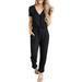 Riforla Womens Summer Casual Deep V Neck Short Sleeve Wrap Drawstring Waist Jumpsuit Romper Women s Jumpsuit Black L