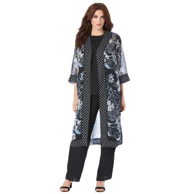 Plus Size Women's Three-Piece Duster & Pant Suit by Roaman's in Black Paisley Garden (Size 26 W) Formal Sheer Duster Pull On Wide Leg
