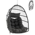 COSTWAY Swing Egg Chair, Foldable Rattan Hanging Chair with Soft Cushion and Head Pillow, Indoor Outdoor Hanging Egg Basket Seat for Garden Patio Yard Living Room