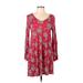 Pink Rose Casual Dress - A-Line V Neck Long sleeves: Red Floral Dresses - Women's Size Large