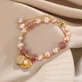 100% Pink Freshwater Pearl & Strawberry Quartz Trendy Shell Design 14K Gold Filled Female Charm