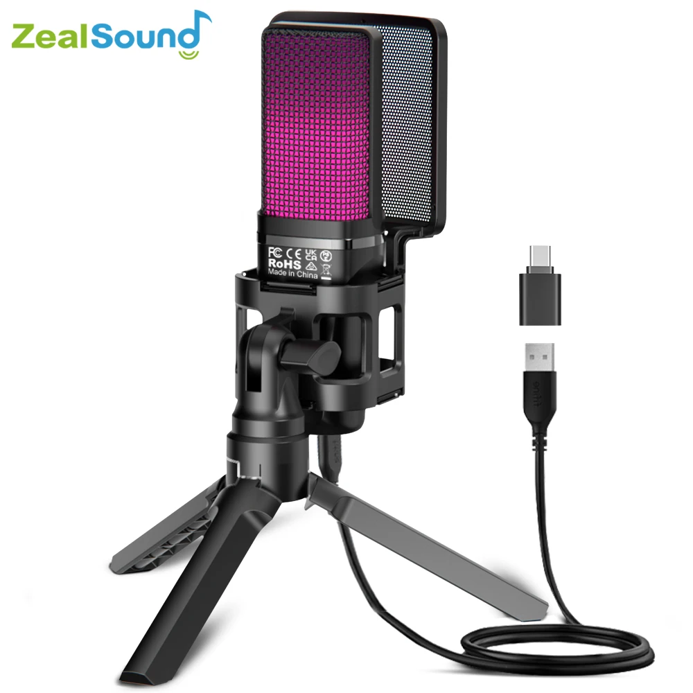Zealsound RGB USB Kondensator Gaming Mikrofon Computer Professionelle Mikrofon Für PC PS4 PS5 Mac Telefon Aufnahme Streaming Podcasting