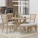 Retro 5-Piece Round Dining Table Set, 44" Wood Round Dining Table with Curved Bench & 3 Upholstered Chair for 4-5 People