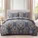 Printed Rayon from Bamboo Duvet Cover Fitted Sheet Ensemble Bedding Set with Zipper and Corner Tie, Gold Damask Navy Blue