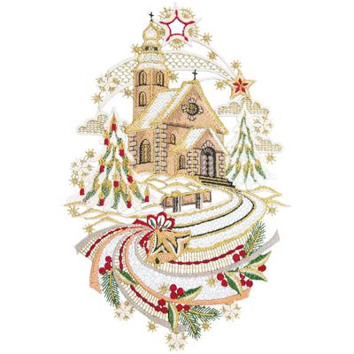 Fensterbild "Weihnachtskirche" Gr. 1, bunt (braun, goldfarben, rot), B:21cm H:32cm, Polyester, W. REUTER & SOHN - PLAUENER SPITZE, Fensterbilder, Made in Germany Image