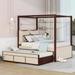 Full Upholstered Canopy Bed w/ Trundle, 3 Drawers Four Poster Bed, Beige