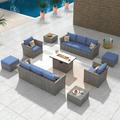 HOOOWOOO 13 Pieces Wicker Patio Furniture Set with Fire Pit Table Outdoor Conversation Set for Garden Poolside Backyard Bright Blue