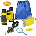 Eatbuy 6Pcs Binoculars Set for Kids Kid Explorer Kit with Children Binocular Hand Crank Flashlight Compass Magnifying Glass Whistle and Drawstring Backpack for Camping Hiking (Yellow)