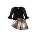 Bmnmsl Baby Girl 2Pcs Fall Outfits Crew Neck Mesh Flare Long Sleeve Tops Elastic Waist Plaid Skirts with Belt Set