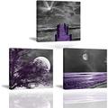 Piy Painting Canvas Painting, Purple Bridge and White Moon Landscape Photo Print on Canvas, Framed Wall Art Pictures from, 3X Romantic Artwork for Bedroom Office Décor, Valentine's Day Gift, 12x12in