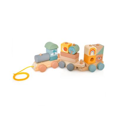 Costway Wooden Toy Train Set with Stacking Wooden Blocks and Cute Animal Patterns
