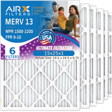 15x25x1 Air Filter MERV 13 Comparable to MPR 1500 - 2200 & FPR 9 Electrostatic Pleated Air Conditioner Filter 6 Pack HVAC AC Premium USA Made 15x25x1 Furnace Filters by AIRX FILTERS WICKED CLEAN AIR.