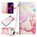 Wallet Case for iPhone 14 Pro 6.1 2022 Detachable Crossbody Shoulder Strap Card Holders Kickstand Magentic Clasp PU Leather Case Fashion Marble Pattern Shockproof Luxury Case Rosegold