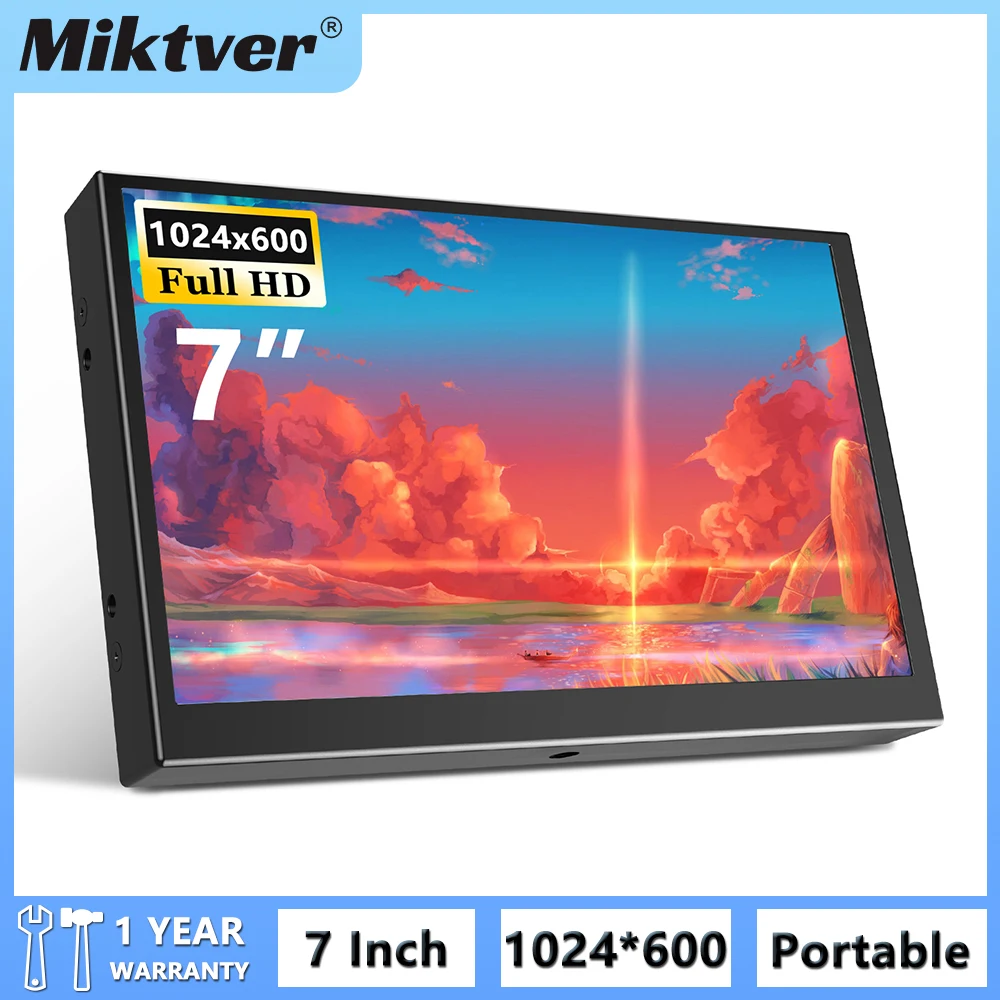 Miktver S701H Mini schermo industriale da 7 pollici HD 1024x600 Monitor HDMI Pannello TFT Custodia in metallo con ingresso VGA AV Alimentazione USB 5V/2A