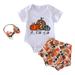 Infant Boys Girls Halloween Short Sleeve Letter Romper Bodysuit Pumpkin Prints Shorts Outfits White