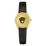 Women's Black Milwaukee Brewers Gold Dial Leather Wristwatch