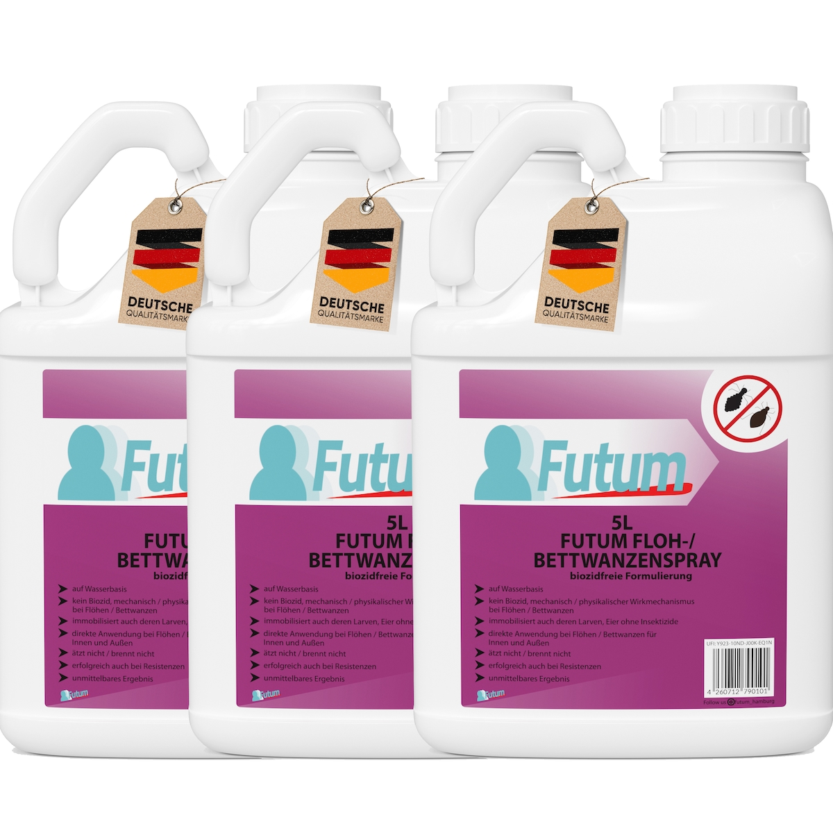FUTUM 3x5L Bettwanzenspray / Flohspray bekämpft Insekten, Eier, Larven, Insektenspray ohne Biozide auf Wasserbasis, Sofortwirkung ohne Flecken Image