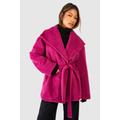 Textured Shawl Collar Belted Longline Wool Look Coat