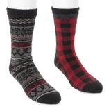 MUK LUKS Men's 2 Pair Fleece Layered Socks Size One Size Candy Apple/Multi