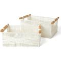 Wicker Storage Baskets For Organizing Recyclable Paper Rope Basket With Wood Handles Decorative Hand Woven Basket Organizers For Makeup Books Shelves Living Room White Set Of 2