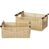 Wicker Storage Baskets For Organizing Recyclable Paper Rope Basket With Wood Handles Decorative Hand Woven Basket Organizers For Makeup Books Shelves Living Room Beige Set Of 2