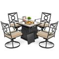 Nuu Garden 5-Piece Outdoor Conversation Set with 28-Inch 50 000 BTU Propane Gas Fire Pit Table&4 Swivel Chairs Patio Furniture Set with Cover and Padded Cushions Black&Beige