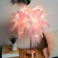 Fymlhomi Feather Table Lamp Feather Lampshade LED Night Lamp Bedside Table Night Lights with Remote Control USB & Battery Dual Use Feather Desk Lamp for Bedroom Wedding Decorative Birthday Gift Pink