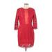 DKNY Casual Dress - Sheath High Neck 3/4 sleeves: Red Print Dresses - Women's Size 10