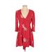 Free People Casual Dress - A-Line V Neck 3/4 sleeves: Red Print Dresses - Women's Size X-Small