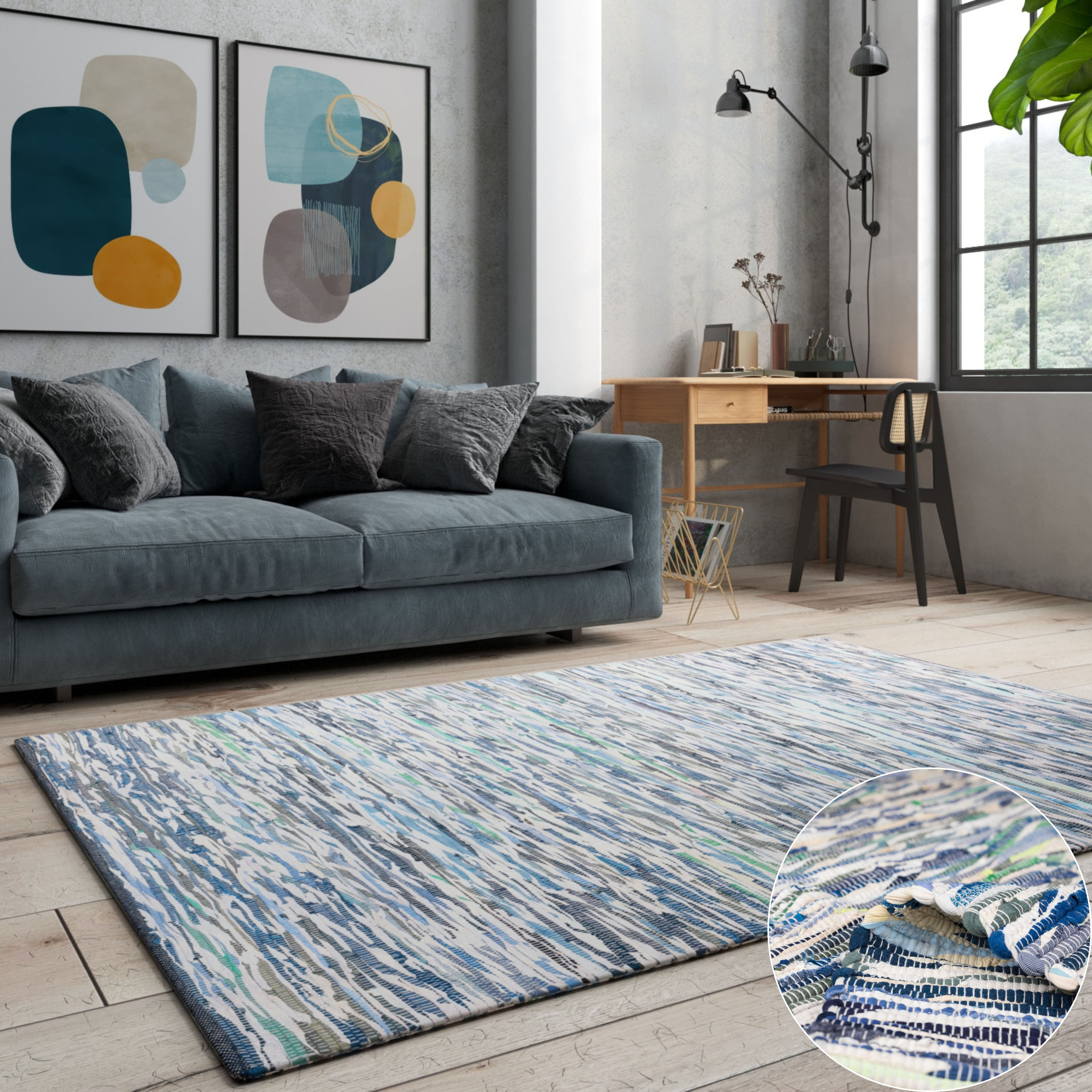 Teppich OTTO HOME "Bente", blau (grau, blau mix), B:160cm H:10mm L:230cm, Baumwolle, Polyester, Teppiche, Handweb Teppich, 90% Baumwolle, handgewebt, Scandi Image