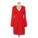 Charles Henry Casual Dress - Shift V-Neck Long sleeves: Red Solid Dresses - Women's Size Medium